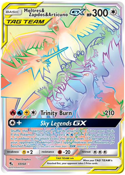 2019 Pokemon Sun & Moon Hidden Fates Full Art/Moltres & Zapdos & Articuno GX Secret 69/68