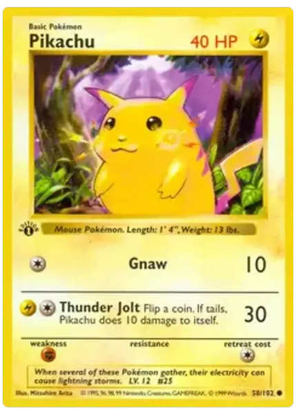 1999 Pokemon Game Pikachu Yellow Cheeks 58/102