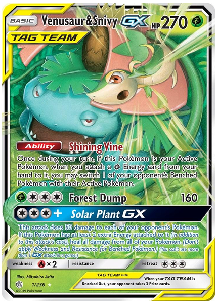 2019 Pokemon Sun & Moon Cosmic Eclipse Venusaur & Snivy GX Base 1/236