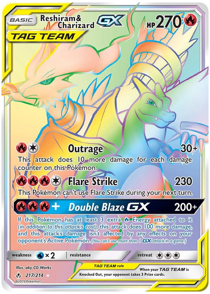 2019 Pokemon Sun & Moon Unbroken Bonds Full Art/Reshiram & Charizard GX Secret 217/214