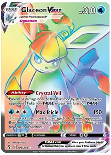 2021 Pokemon Sword & Shield Evolving Skies Full Art/Glaceon Vmax Secret 208/203