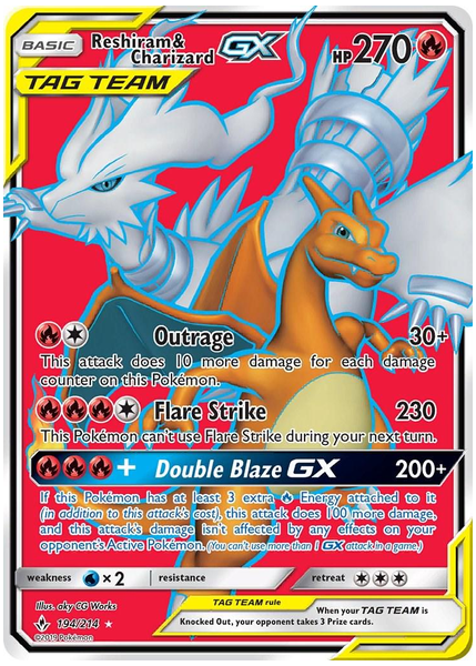 2019 Pokemon Sun & Moon Unbroken Bonds Full Art/Reshiram & Charizard GX Base 194/214