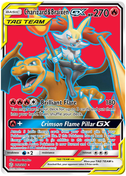 2019 Pokemon Sun & Moon Cosmic Eclipse Full Art/Charizard & Braixen GX Base 212/236