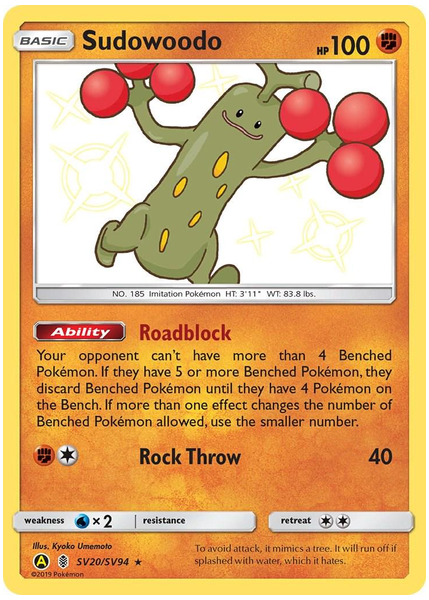 2019 Pokemon Sun & Moon Hidden Fates Sudowoodo-Holo Base SV20