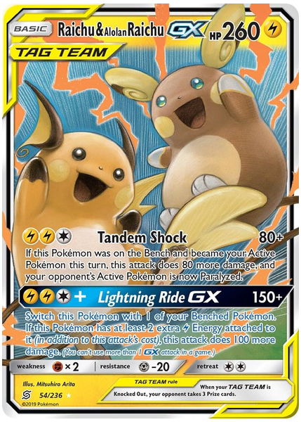 2019 Pokemon Sun & Moon Unified Minds Raichu & Alolan Raichu GX Base 54/236