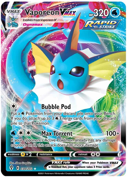2021 Pokemon Sword & Shield Evolving Skies Full Art/Vaporeon Vmax Base 030/203