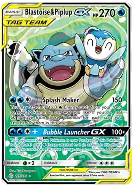 2019 Pokemon Sun & Moon Cosmic Eclipse Full Art/Blastoise & Piplup GX Base 215/236