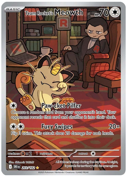 2025 Pokemon Dri EN-Destined Rivals Team Rocket's Meowth Illustration Rare 203/182